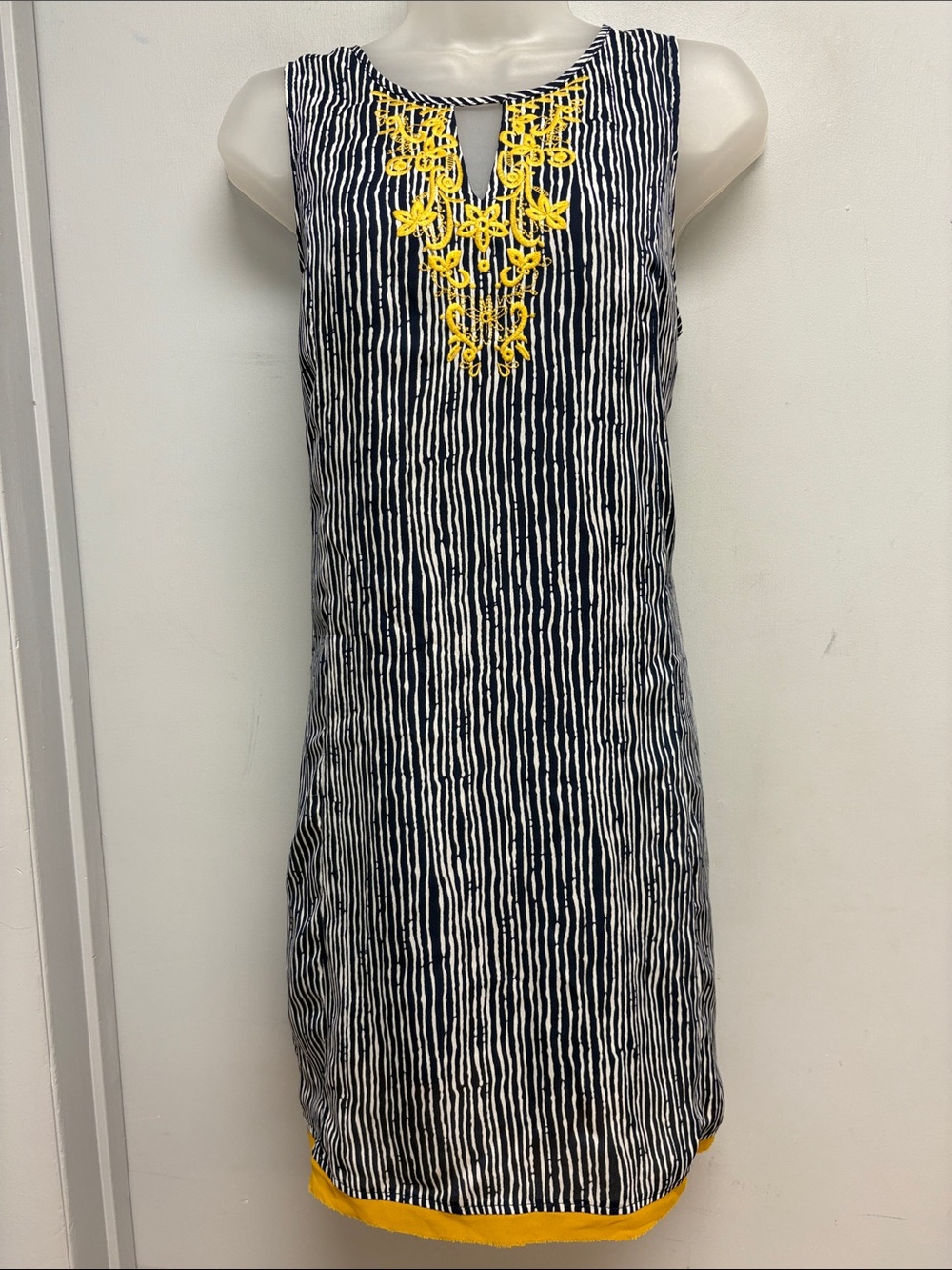 THML Embroidered Striped Shift Dress Navy & White with Mustard Embroidery Medium